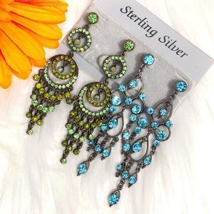Boho Earrings Rhinestone Long Dressy Post Drop Dangles Jeweled Green & Blue NWT
